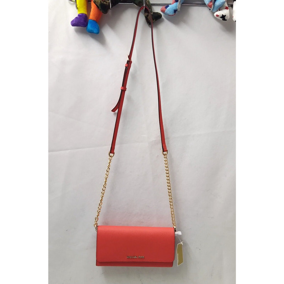 Michael Kors Jet Set Large Wallet On Chain - Red Leather Crossbody Bag -NWT $168 - Picture 5 of 14